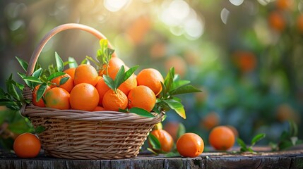 Wall Mural - Organic ripe orange tangerine crop or citrus harvest in basket on wood against garden background. Image of orange juice. copy space for text.