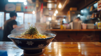 Wall Mural - A bowl of noodles on a wooden table.