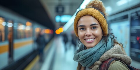 Canvas Print - Portrait of smiling young woman with backpack and hat at train station