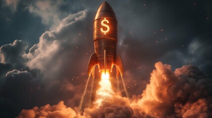 Poster - Dollar sign on a rocket. 3d illustration. Business concept