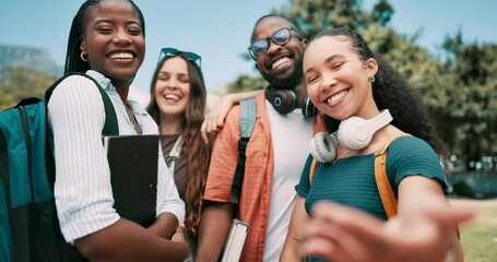 Wall Mural - University, friends and face of students for selfie on campus for learning, education and studying. College, academy and portrait of people take picture for social media, online post and memory