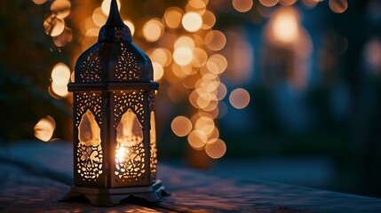 Hanging Ornamental Arabic lantern glowing in night invitation for Muslim holy month Ramadan Kareem