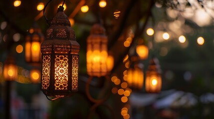 Hanging Ornamental Arabic lantern glowing in night invitation for Muslim holy month Ramadan Kareem