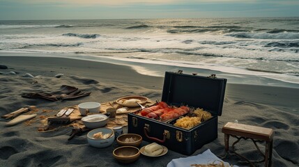 Wall Mural - a Japanese picnic with bento at the beach