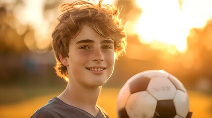 Young boy with soccer ball enjoys sunset. casual outdoor portrait. smiling teenager holds football. joyful sports moment. AI