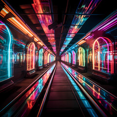 Poster - Trains made of light traveling through a neon tunnel