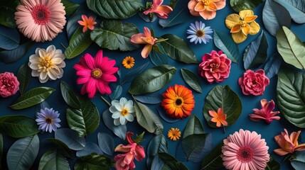 Wall Mural - Creative layout made of flowers and leaves Flat lay Nature concept Floral Greeting card Colorful spring flower background space for text Nature Trendy Decorative Design