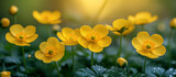 Yellow buttercup flower meadow background. Floral spring wallpaper, banner. Nature