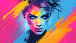 The girl's face, complete with bright colors, contrasts sharply in a punk style.