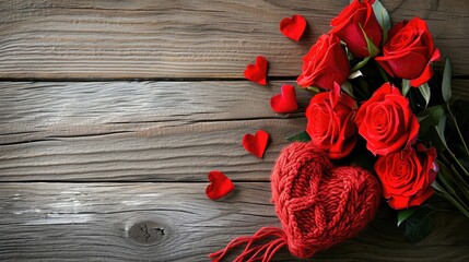 Canvas Print - Valentine day greeting card with red rose flowers bouquet and knitted heart on wooden background Top view with space for your greetings