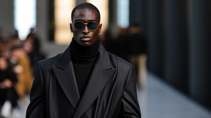 Close-up of a confident African American male model wearing a black coat and sunglasses, parading down the runway at a minimalistic fashion show, showing off the designer's new collection.