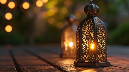 Ornamental Arabic lantern glowing in night invitation for Muslim holy month Ramadan Kareem