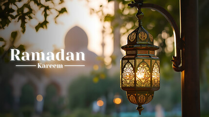 Wall Mural - Hanging Ornamental Arabic lantern glowing at night invitation for Muslim holy month Ramadan Kareem