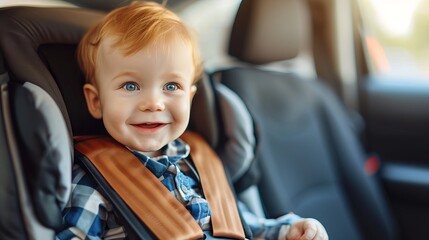 Happy child in car safety seat, ensuring safe travel for children, child safety concept