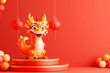 canvas print picture - 3D Gold Dragon is a symbol of the 2024 Chinese New Year on a podium with lantern