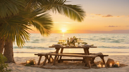 Picture a romantic beach picnic table setup for two during the golden hour with the soft glow of the setting sun, the gentle rustle of palm leaves, and the intimate ambiance created by the carefully a