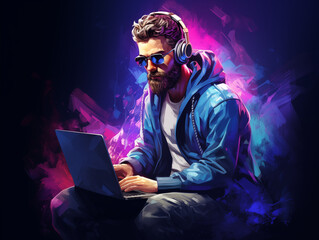 Wall Mural - Cool young man working on laptop, illustration generative AI