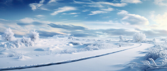 Winter's Tranquil Beauty: A Snowy Landscape beneath a Clear Blue Sky, Frozen Horizon, and Arctic Wilderness.