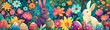 Colorful Easter wallpaper pattern with bunnies, flowers and eggs.