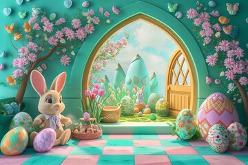 Wall Mural - A door with Easter holiday dexoration in cartoon style.