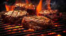 A Close Up Of Steaks Cooking On A Bbq Grill With Flames And Smoke Coming Out Of The Top Of The Grill And The Steaks Being Grilled