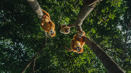 Poster - Overhead view capturing the charm of a family of playful monkeys in the treetops