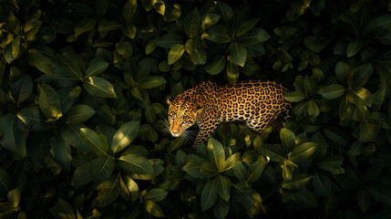 Poster - Aerial scene highlighting the agile movements of a leopard in the dense foliage of the forest