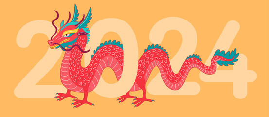 Wall Mural - Dragon Lunar New Year 2024 illustration set on yellow background. Chinese New Year elements. Chinese zodiac Dragon. Symbol of Good Fortune. Vibrant Celebrations New Year Clip Art