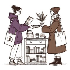 A line art drawing with minimal coloring, featuring two people bartering in front of a rustic bookshelf