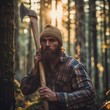 A contemplative bearded man holds an axe in the forest, with the sun setting behind the serene woodland.