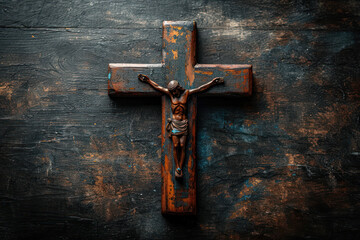 Retro Vintage Jesus Christ Cross on a Wooden Background. Generative AI