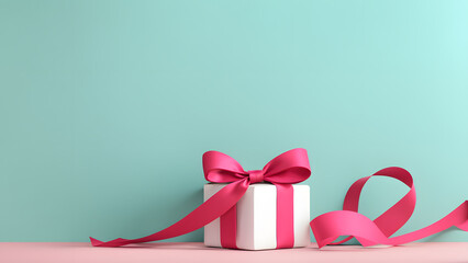 3D gift box with ribbon isolated on a pink pastel background with copy space. Modern minimalist background for fashion, e-commerce, wedding, mother's day, woman's day, valentine.
