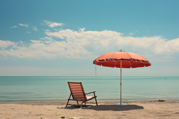 Leinwandbilder - Modern Beach Chairs with Umbrella on a Sand Ocean Beach extreme closeup. Generative AI