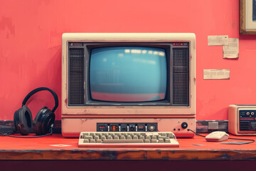 Leinwandbilder - Retro Vintage Computer Desktop extreme closeup. Generative AI