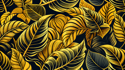 Tropical leaf Wallpaper, Luxury nature leaves pattern design, Golden banana leaf line arts, Hand drawn outline design for fabric , print, cover, banner and invitation, Vector illustration.