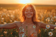 Backlit Portrait of Calm Happy Smiling Free Woman on a Green Field Background. Generative AI