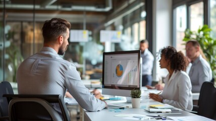 Male executive businessman showing important data on computer screen