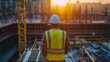 © Media Srock - Construction engineers stand on new concrete floor top roof with crane in the background, at a construction site