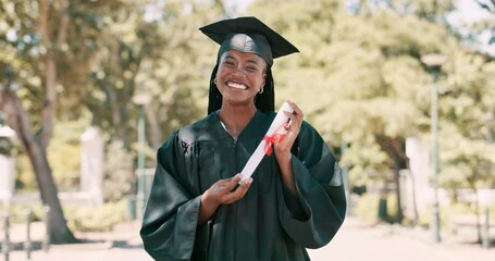 Poster - Education, graduation and success with black woman student at university event for milestone celebration. Portrait, smile for future and graduate with certificate on campus for growth or achievement