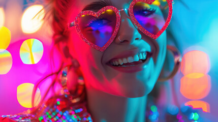 Wall Mural - beautiful young smiling woman wearing heart shaped glasses on shiny background, party, valentine's day, romance, fashion, love, style, girl, portrait, face, holiday, dancing, club, disco