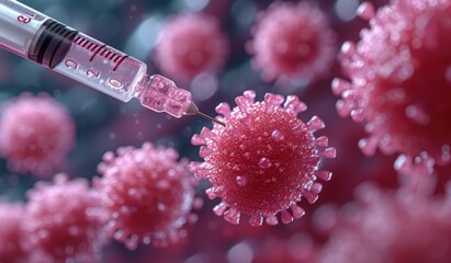 Macro image of a needle being pricked at a cancer cell. Research of cancer diseases, viruses in infected organism , viral disease epidemic, vaccine background.