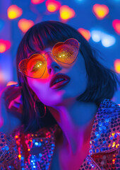 Wall Mural - beautiful young smiling woman wearing heart shaped glasses on shiny background, party, valentine's day, romance, fashion, love, style, girl, portrait, face, holiday, dancing, club, disco