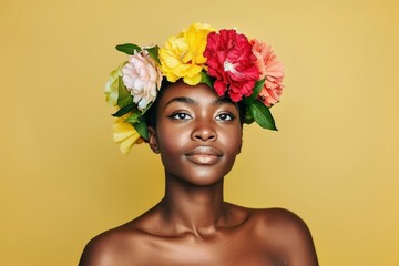 Sticker - Portrait d'une femme noire avec des fleurs comme couronne d'influence afro-caribéenne pour un printemps fleuri