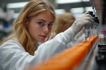 Closeup portrait, young scientist in labcoat wearing nitrile gloves, doing experiments in lab, academic sector.