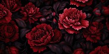 Vintage Retro Carnation Red Flowers Bloom Blossom Pattern Texture Background. Foliage Nature Drawing Painting
