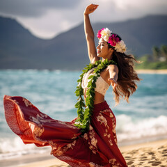 women hula dancers in hawaii on beach.