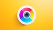 Colorful camera lens icon or logo on a bright yellow background, symbolizing photography and creativity