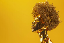 A Precious Metal Statue, Golden Statue Illustrating A Black Woman With Her Afro Hair Flowing Freely, Representing Freedom And Independence. Isolated On Solid Background. Copy Space