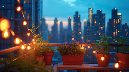 Wall Mural - image of a cozy balcony, city view, potted plants, string lights, intimate, mirrorless, standard lens, twilight, bokeh