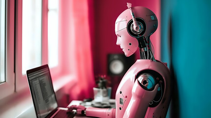 robot listens to music in headphones, pink and blue background	